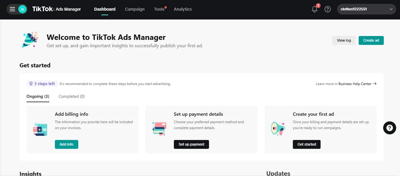 واجهة مدير اعلانات التيك توك