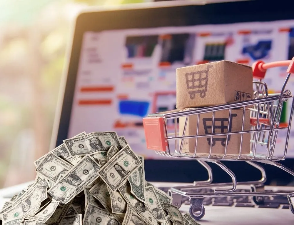 عربة تسوق بها صناديق أمام لاب توب يعرض متجر إلكتروني